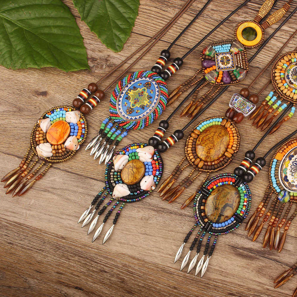Pendant Necklaces New ethnic style Nepalese jewelry leather necklace exotic design hand woven Bohemian items H25219