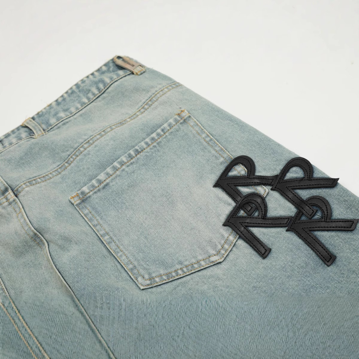 Trendy Brand REPRESEN Letter R, Leather Covered Straight Leg Casual Denim Pants, Men's And Women's High Street Jeans