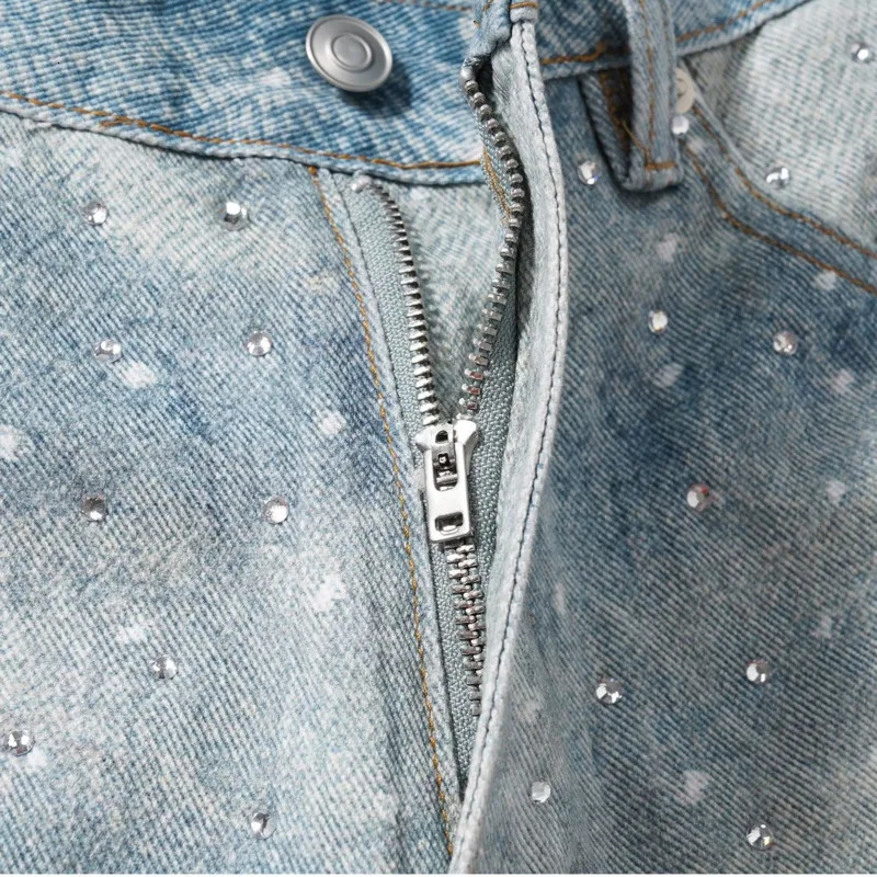 PFNW American High Street Heat-melting Rhinestone Denim Shorts Mens Loose Straight Knee Length Pants Belt Jeans 28W6067 250219