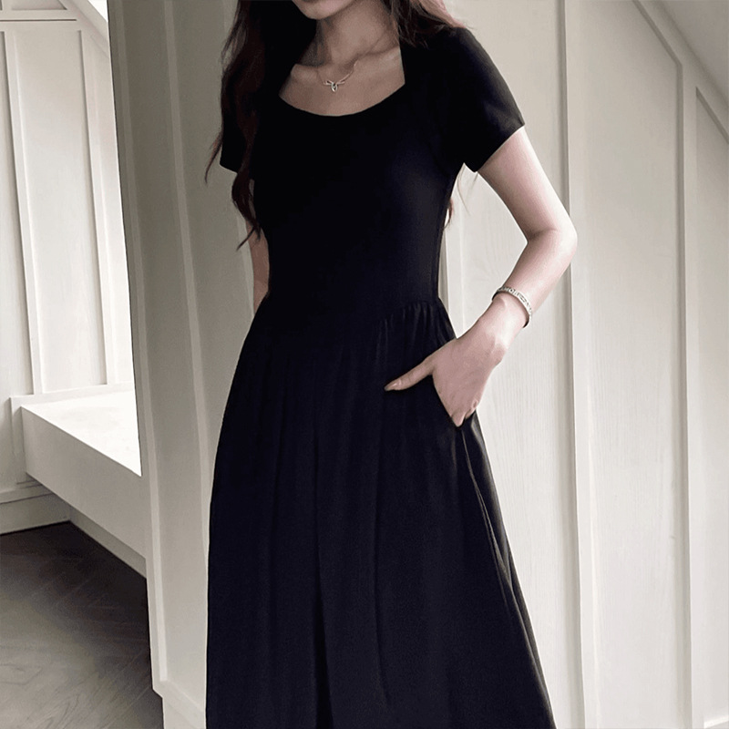 P699270 square collar dress female summer 2025 new black skirt high waist small a-line mid-length skirt
