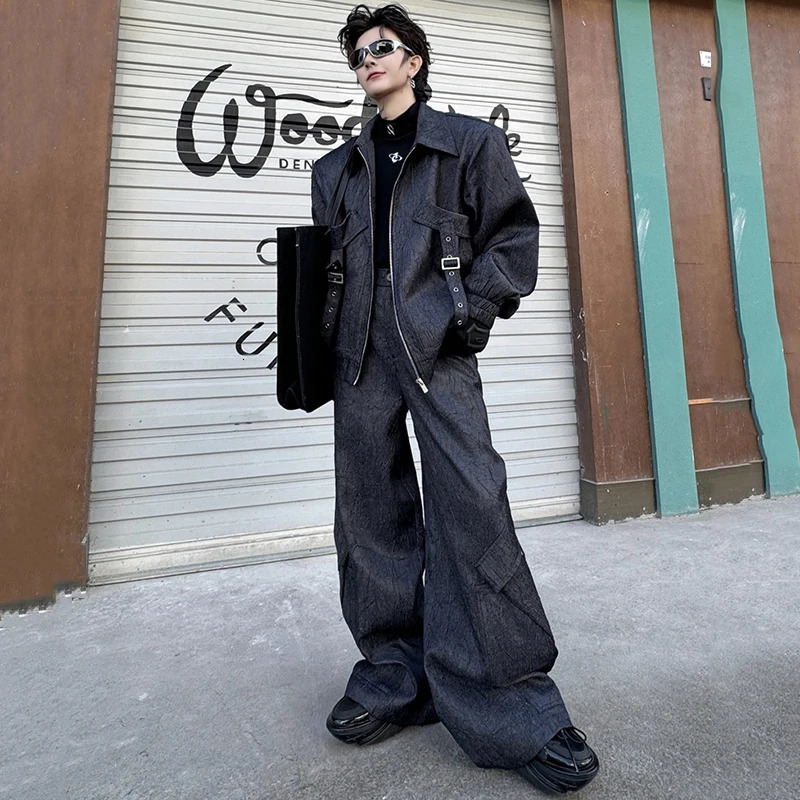 PFNW High Street Mens Suit Multi-pocket Ribbon Jacket Men Loose Wide Leg Pants Male Fashion Two-piece Set Spring 9C4240 250220