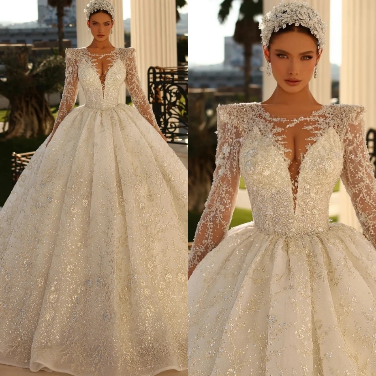 A e Women Wedding Jewel Neck Long Sleeves Bridal Gowns Sequins Lace Sweep Train Dress Custom Made vestidos de novia