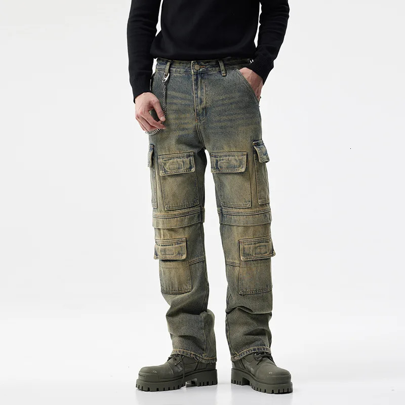 Retro and nostalgic mens jeans autumn and winter personalized multi pocket workwear trend Distressed Denim Y2K Trouser 250220