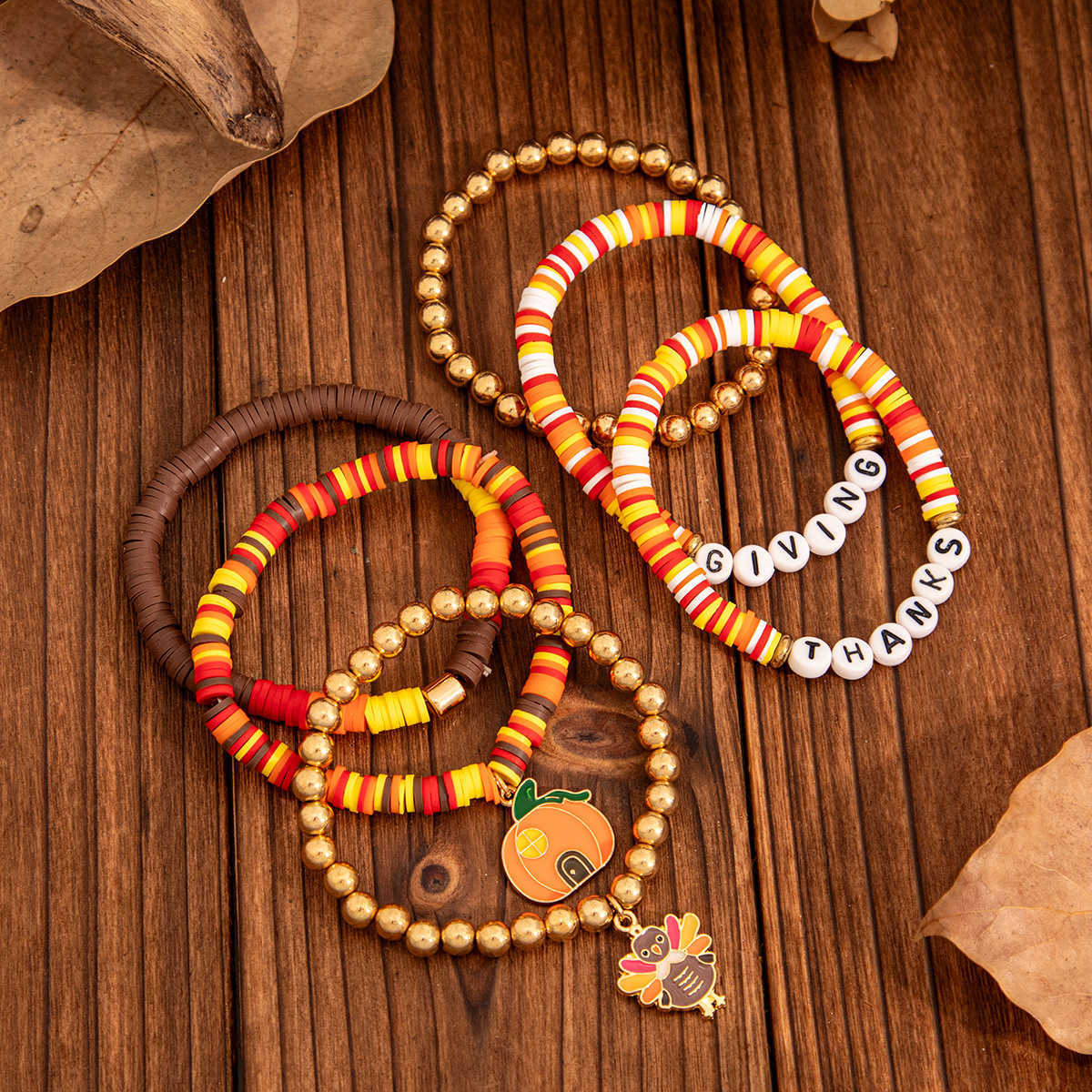 Charm Bracelets Thanksgiving Maple Leaf Acrylic Bracelet Creative Handmade Soft Ceramic Bead Bracelet Set H25220