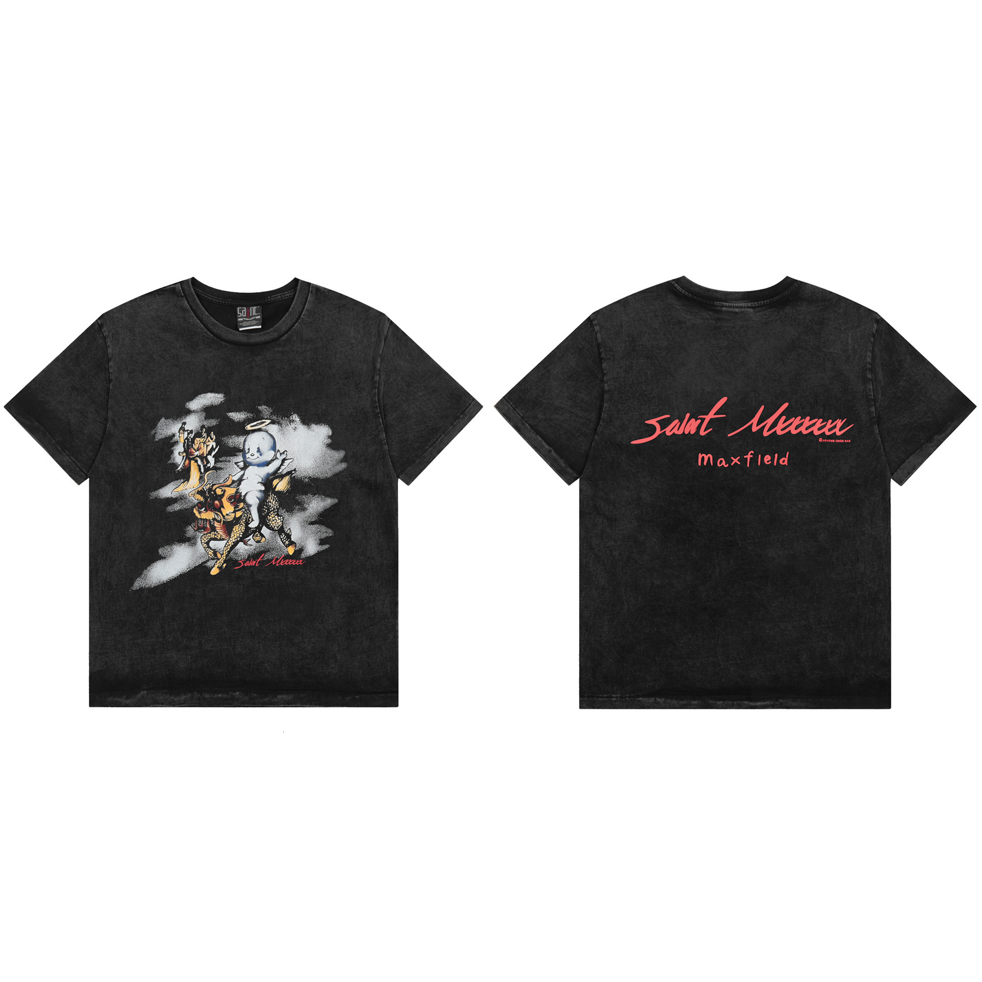 Trendy Saint Letter Pattern Printed Washed Worn Short Sleeved T-Shirt For Men And Women, American High Street Half Sleeve