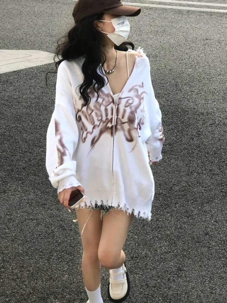 KOSAHIKI Y2k Cardigan Women Ripped Oversized Jumper Vintage Tie Dye Letter Knitted Zipper Sweater Jackets Haruku Streetwear