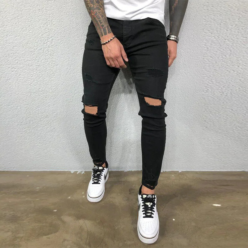 Men Jeans Knee Hole Ripped Stretch Skinny Denim Pants Solid Color Black Blue Autumn Summer HipHop Style Slim Fit Trousers S4XL 250219