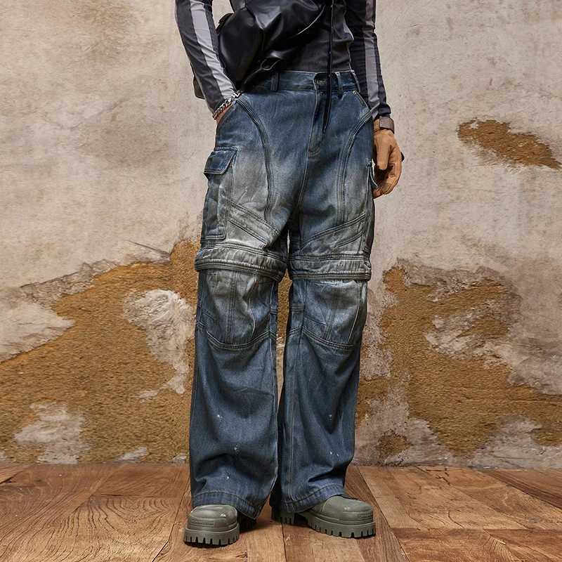 American-Style Multi-Pocket Jeans Mens Retro Nostalgic Loose Street Straight Wide Leg Hip Hop Trend Zipper Detachable Trousers X250220