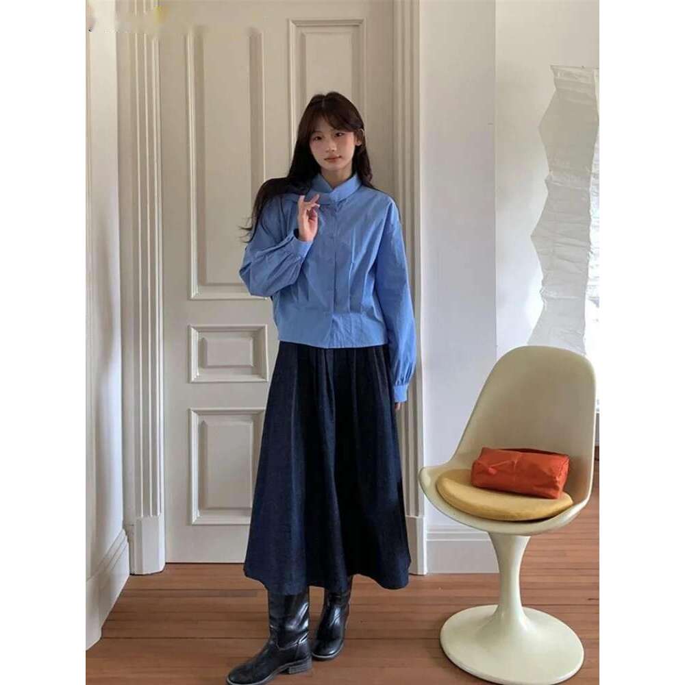 2025 Unique Scarf Collar Irregular Shirt Women Long Sleeve Spring Summer Temperament Top White/Blue/Black