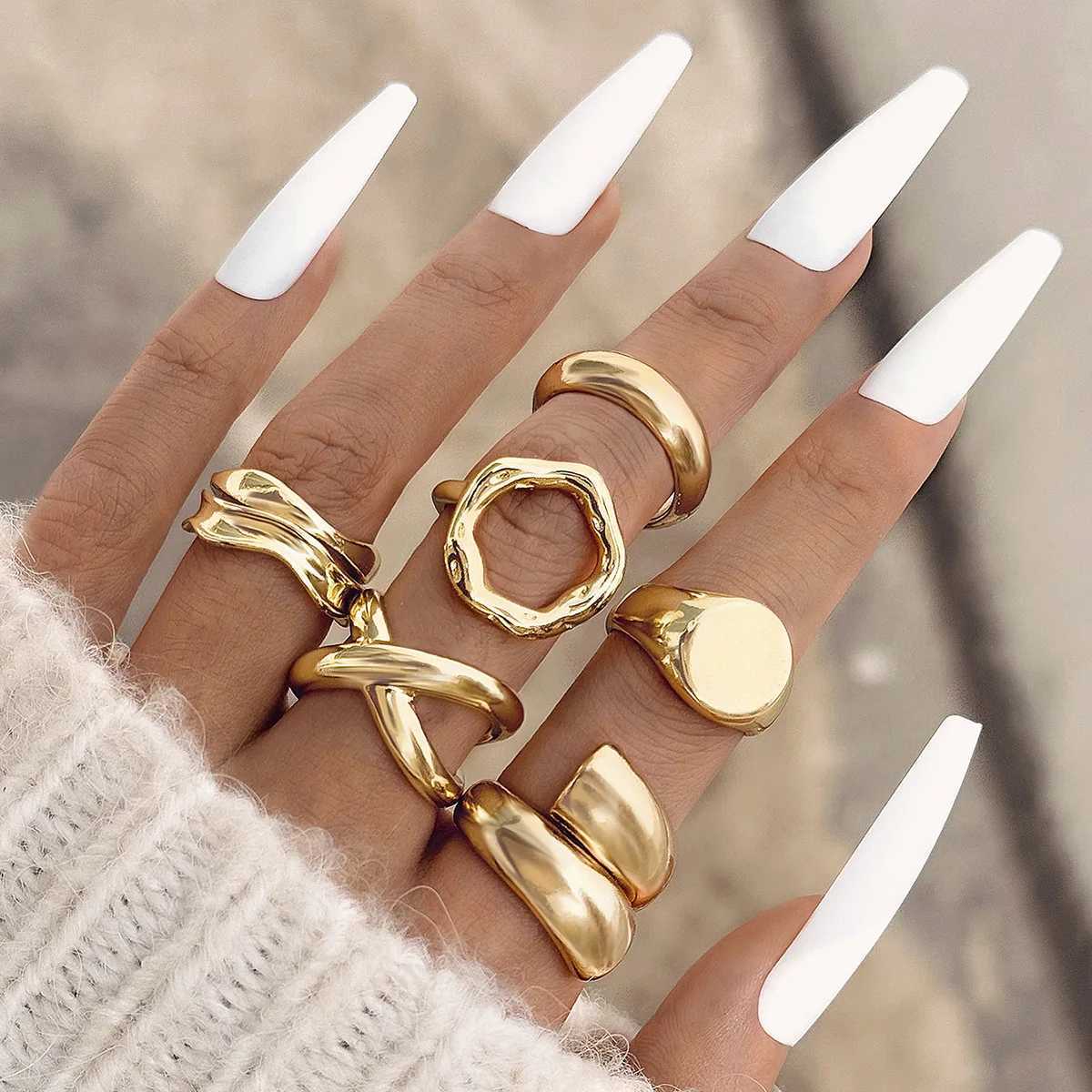 6-piece/set gold smooth Geely open ring set for Exaggerated metal iris thick and thick rings jewelry gifts X250220