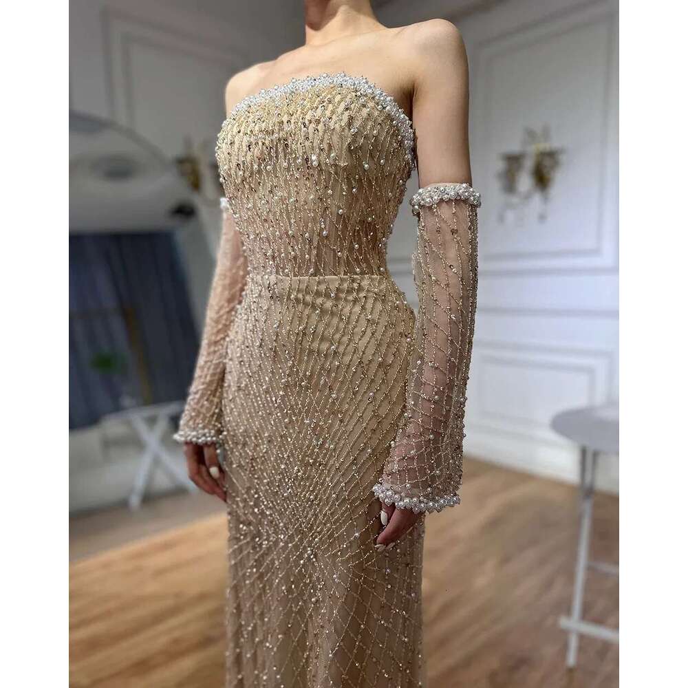 Nude Elegant Arabic Strapless Evening Gown Beaded Dress With Gloves For Formal Ocn Customize BLA mal