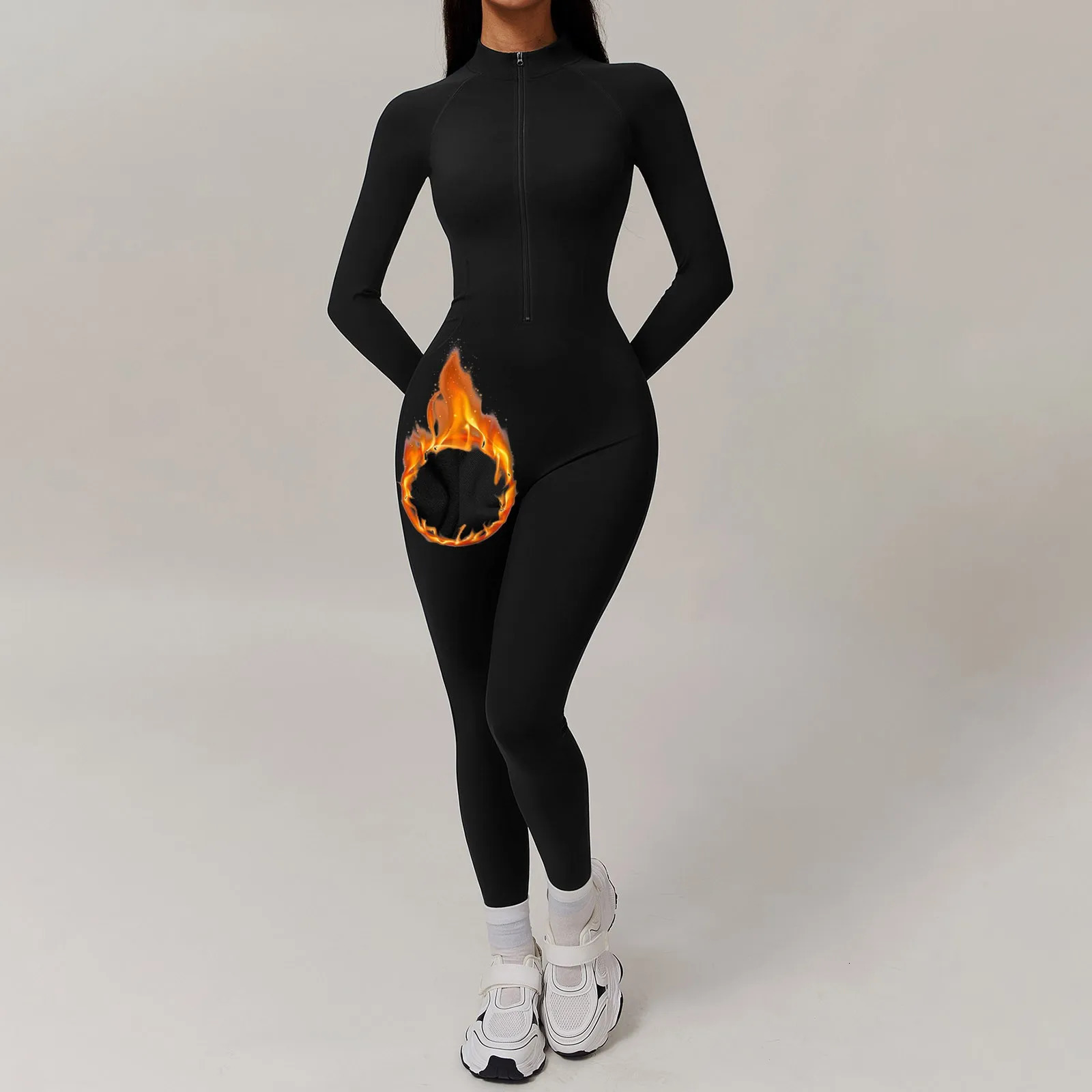 Fleece Lined Warm One-Piece Women Slim Jumpsuit Solid Color Long Sleeve Stand Collar Zipper Bodysuit Stretch Sport Yoga Cothing 250220