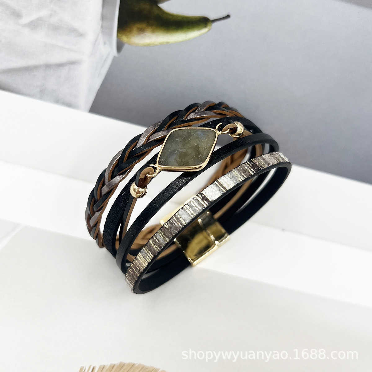 Charm Bracelets Multi layer PU leather natural stone magnetic buckle bracelet Bohemian ethnic style green pine multi row metal bracelet H25220