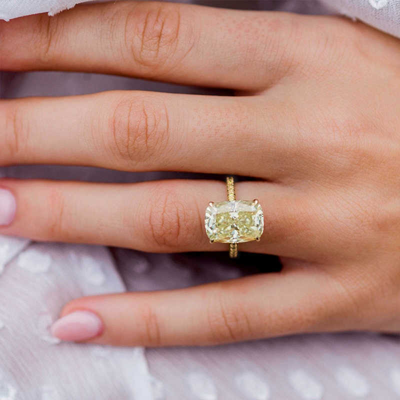 Lutser Fine Jewelry 18K/14K/10K Yellow Gold Double Band 7.0 Carats Elongated Cushion Cut Colored Moissanite Ring
