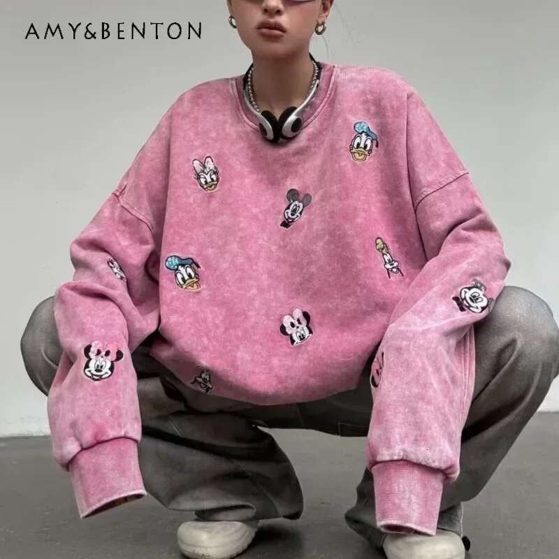 2024 Autumn New Heavy Industry Cartoon Contrasting Graffiti Print Sweatshirts Women's Versatile Casual High Street Top Sudaderas
