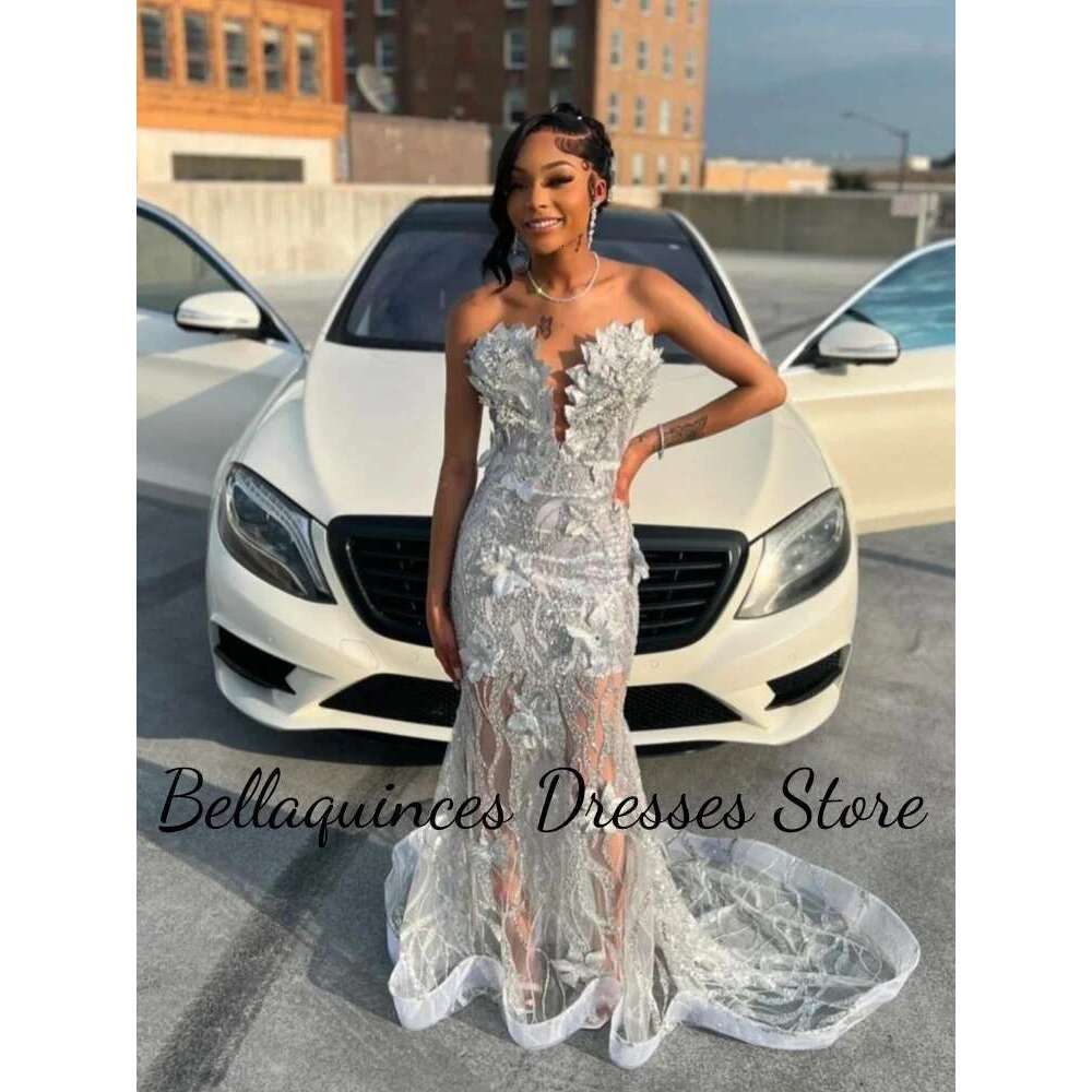 Glitter Mermaid Silver Sequins Black Girl Ball Gowns Sexy Applique Strass Long 2025 Female Party prom Dress Customized