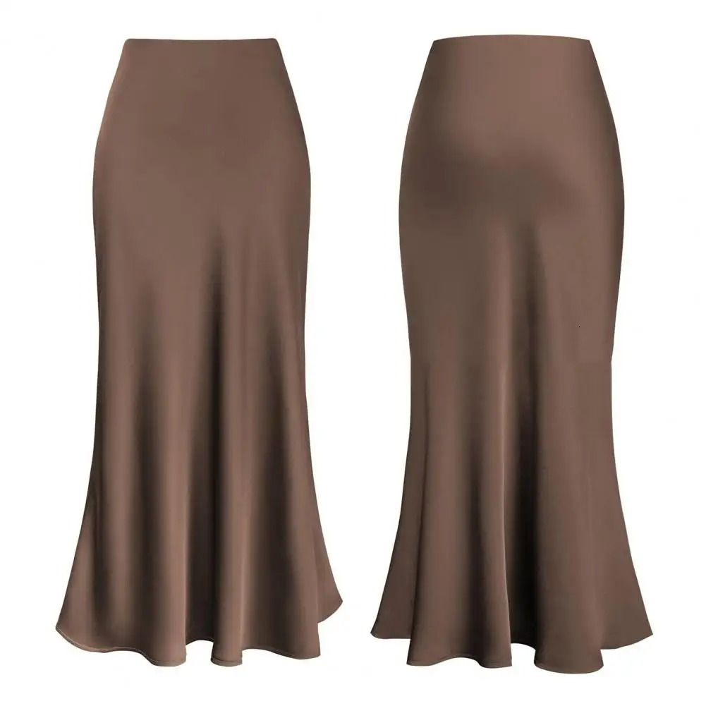 Fishtail Maxi leather elegant synthetic silk satin womens high waisted Aline office solid color glossy finish 250220