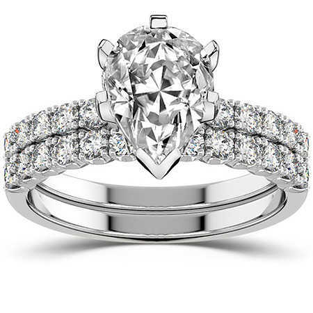 AAA Gems 14K White Gold Ring Emerald/Radiant/Cushion/Pear/Heart Moissanite Ring 4-Prong Semi-Eternity Wedding Set Ring