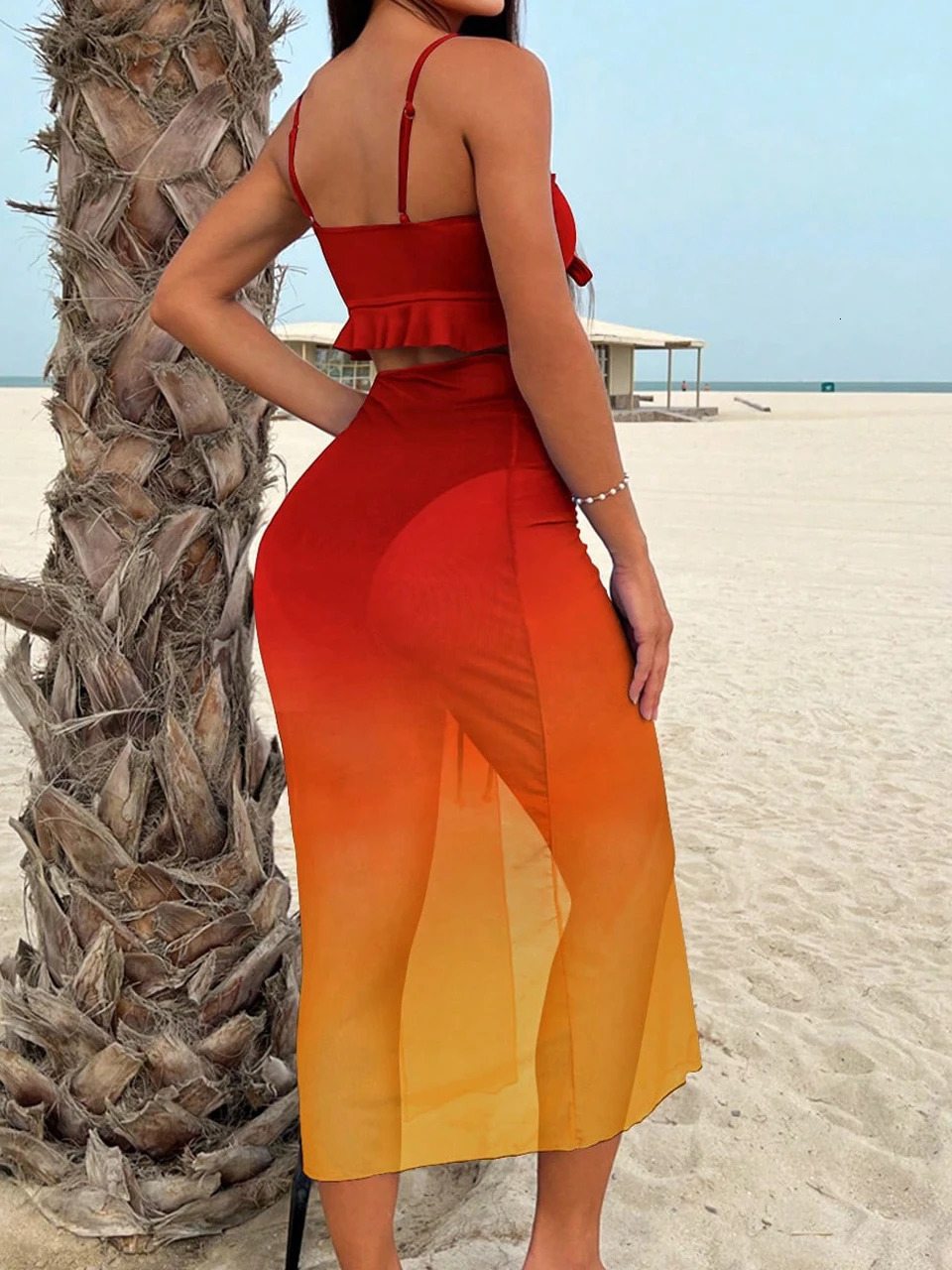 3 Pieces Tie Dye Knot Front Bikinis Women Ruffle Swimwear Female High Waist Swimsuit Drawstring Beach Skirt Bathing Suit 250220