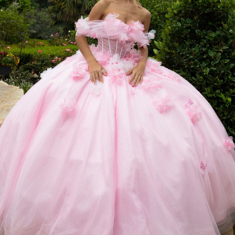 Pink Shiny Quinceanera Dresses Ball Gown Off Shoulder Flower Bow Tull Corset Sweet 16 Dress Vestidos 15 De Anos