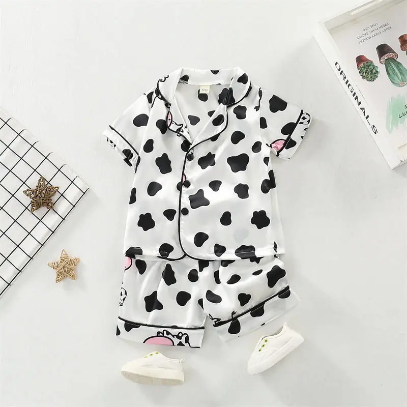 Boys Girls Kids Pajama Sets Cartoon Cow Short Sleeve T-Shirt Tops with Pants Toddler Baby Sleeping Clothes Pijamas Sleepwear 250219