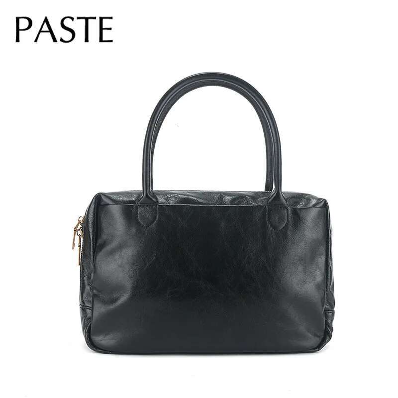 French Retro Boston Tote Wine Red Color Glossy Oil Wax Cow Leather Women Handbag Office Workplace Female Shoulder Bag