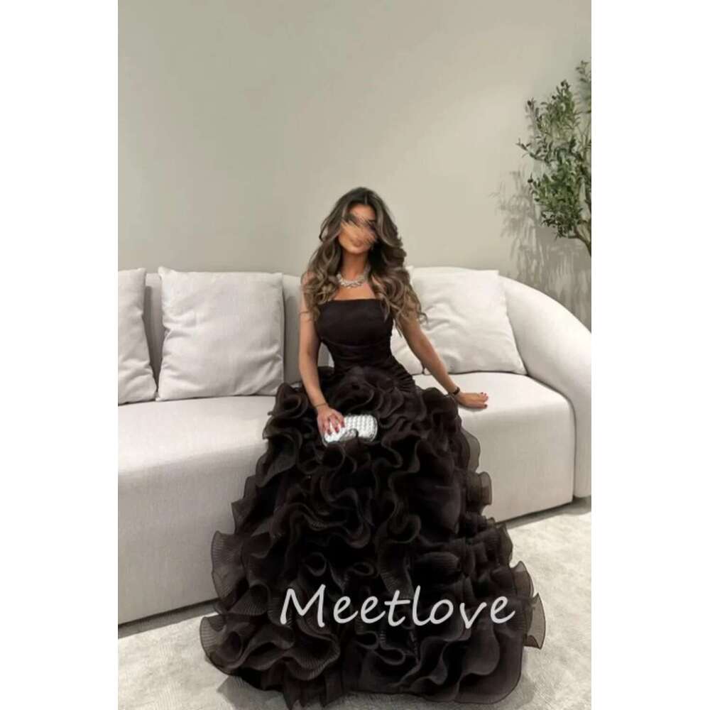 Meetlove 2024 custom a ha strapless sleeveless tulle in layers train up the floor formal prom evening dress