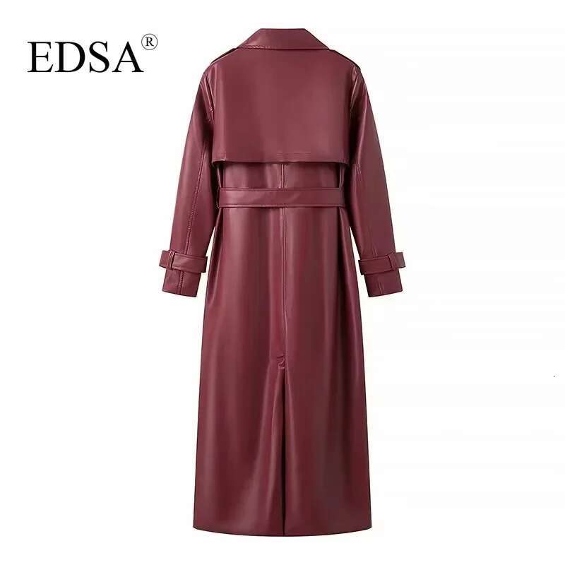 EDSA Women Faux Leather Jacket Coat With Belt For Autumn Winter Loose Long Windbreaker Trench Vintage Outerwear