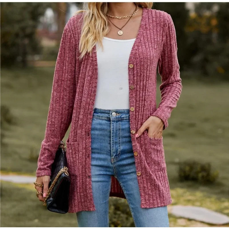 Autumn Womens Milled Pit Stripe V-Neck Solid Color Button Long Sleeve Ladies Casual Extensions Cardigan Jacket Coat 250219