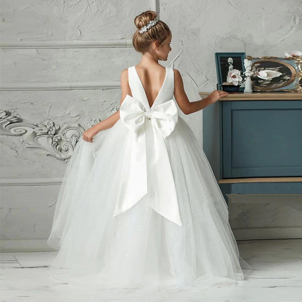 Girl Long White Bridesmaid Dresses For Wedding Prom Gown Big Bow Girls Party Dress Kids First Communiom Formal Evening Vestidos 250220