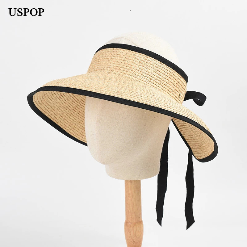 USPOP Women Sun Hats Natural Raffia Straw Hats Bowknot Wide Brim Beach Hats 250219