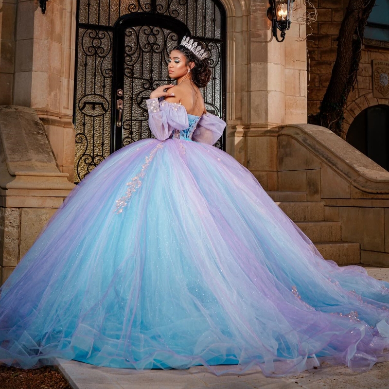 Lilac Shiny Quinceanera Dresses Ball Gown Off The Shoulder Applique Lace Beads Tull Sky Blue Lining Party Birthday Sweet 16 Dress Vestidos De 15 Anos