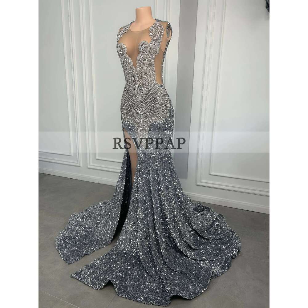 Sparkly Long Dresses Sexy High Slit Dia Sier Sequin Black Girls Mermaid Prom Dress
