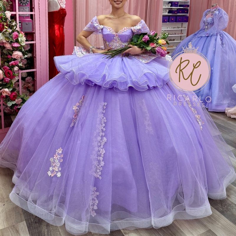 Lavender Shiny Quinceanera Dresses Ball Gown Off The Shoulder Applique Lace Beads Tull Party Birthday Sweet 16 Dress Vestidos 15 anos