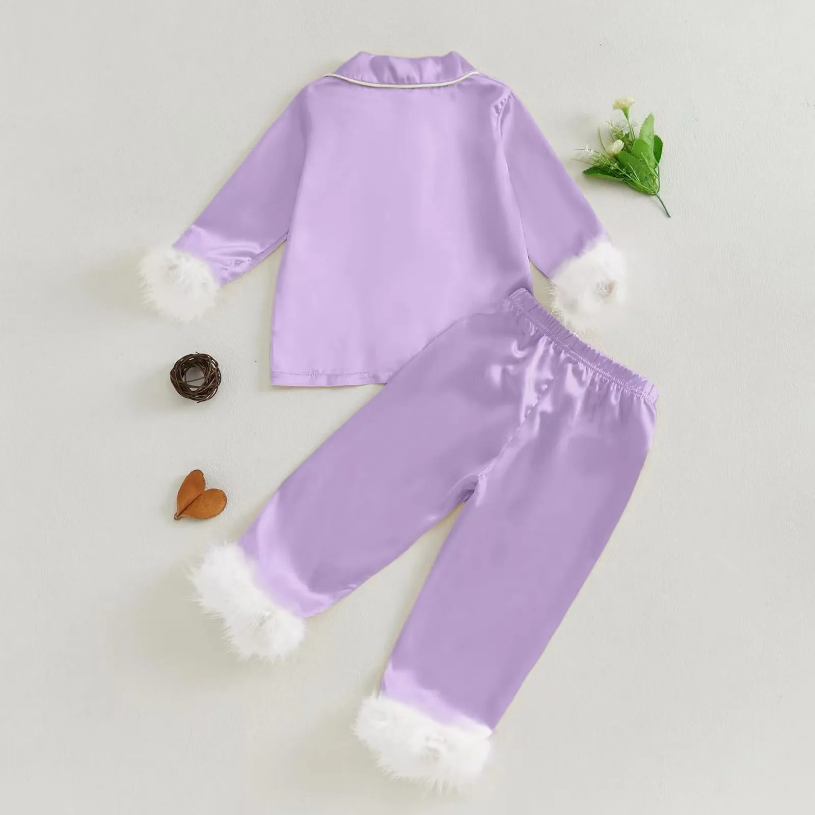 Children Kids Christmas Sleepwear Set Satin Long Sleeve Lapel Tops Elastic Waist Pants 2 Piece Pajamas Feather Trim Shirt Outfit 250219