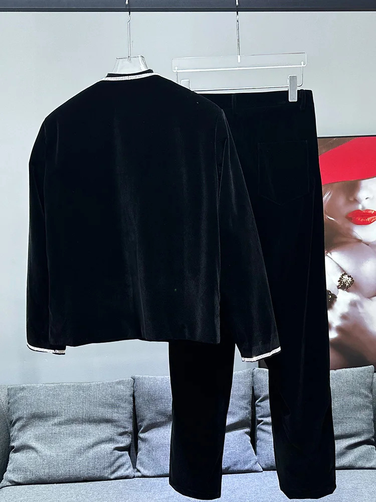 Trendy Male Velvet Two-piece Set Mens Autumn Fashion Mens Suit Mens Diamond Long-sleeve Jacket Trousers Suit 250220