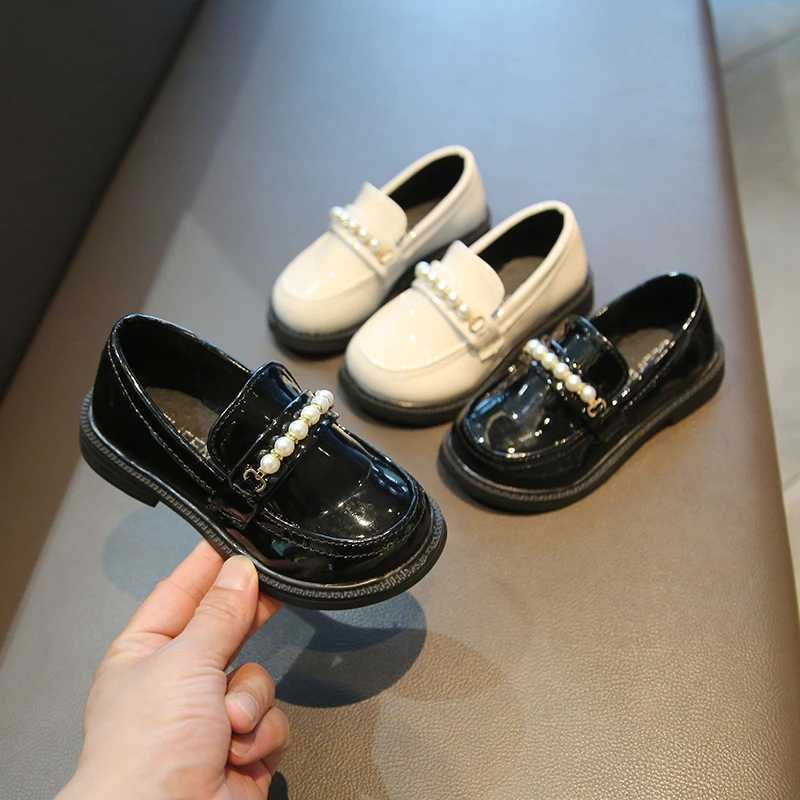 Girls Leather Shoes for School Party Wedding Kids Black Loafers Slip-on Children Flats Fashion British Style Pearls Beading New X250220