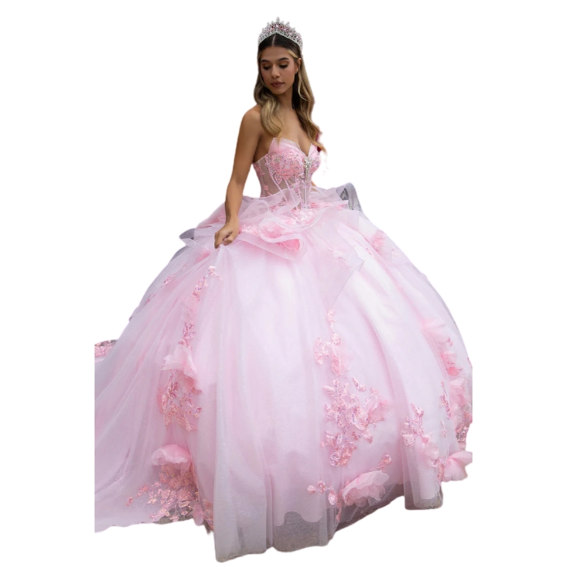 2025 Pink Princess Quinceanera Dress With Bow Back 3D Floral Appliques Corset Ball Gown Birthday Party Gowns Ruffle Long Train Sweet 16 Dresses