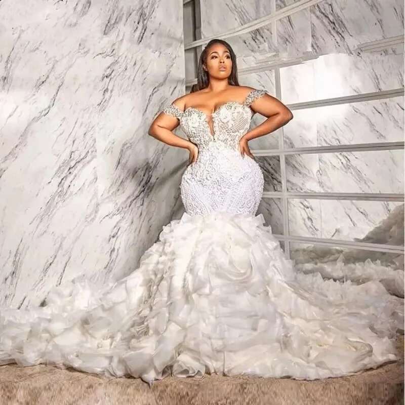 African Off Shoulder Wedding Dresses for Bride 2024 Mermaid Lace Beaded Crystal Ruffle Bridal Gowns Plus Size Customized