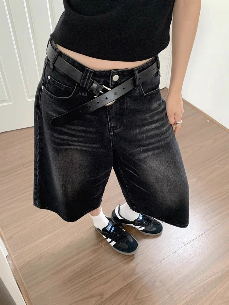 High Waist Black Retro Washed Denim Shorts Womens Harajuku Vintage Fashion Casual Loose Y2K Streetwear Mid Long Wide Leg Pants 250219