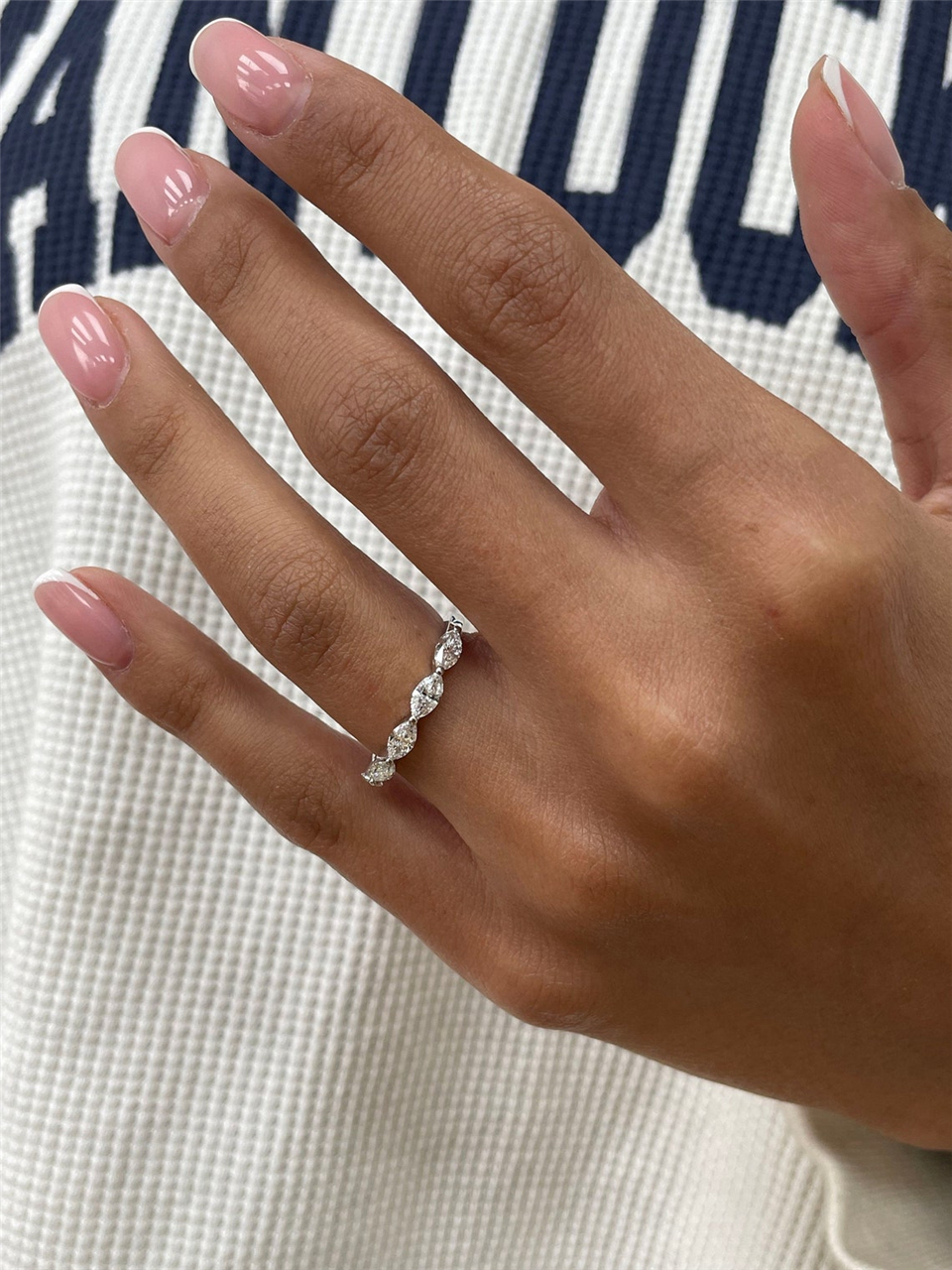 Jewelry 18K White Gold HPHT Diamond Ring 6*3mm Marquise Cut Lab Diamond 5 Eternity Band Womens Stackable Wedding Band RIng