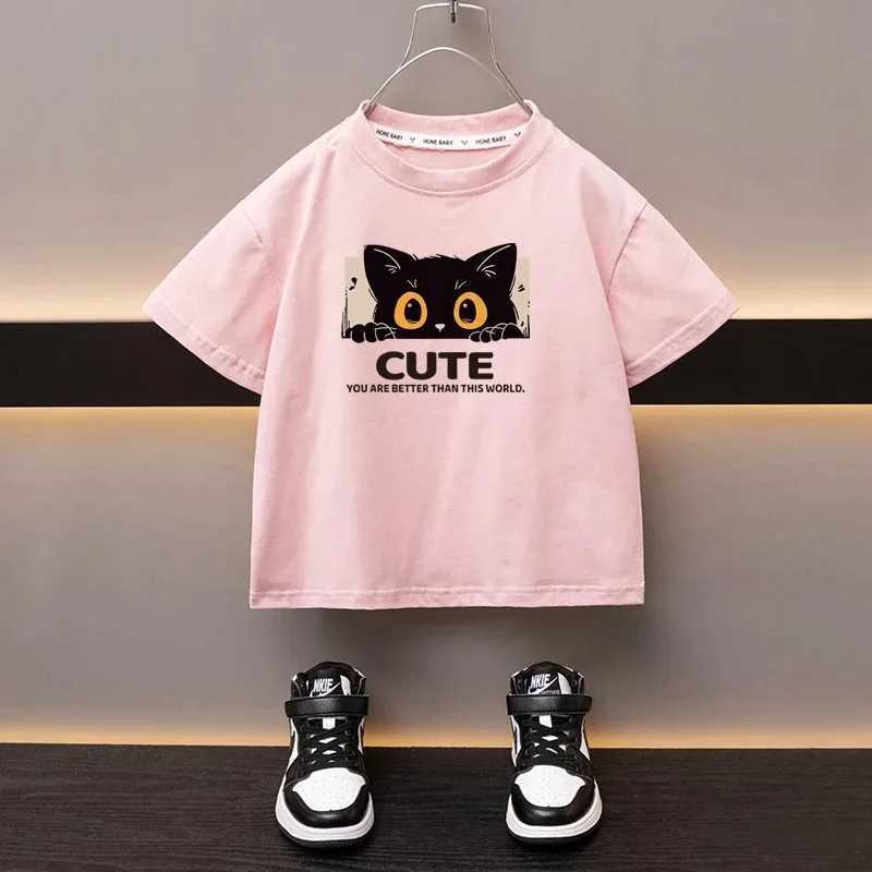 T-shirts 100% Cotton Childrens T-Shirt Japanese Cartoon Cute Cat Girl Top High Quality Boys Crew Neck Black T-Shirt Printed Clothing H250220