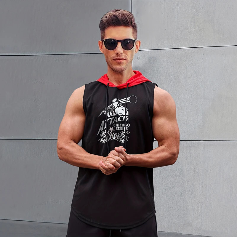 Mens Sleeveless Hoodie Bottom Sweatshirt Fashion Casual Loose Hoodie Running Fitness Mens Tank Top 250219