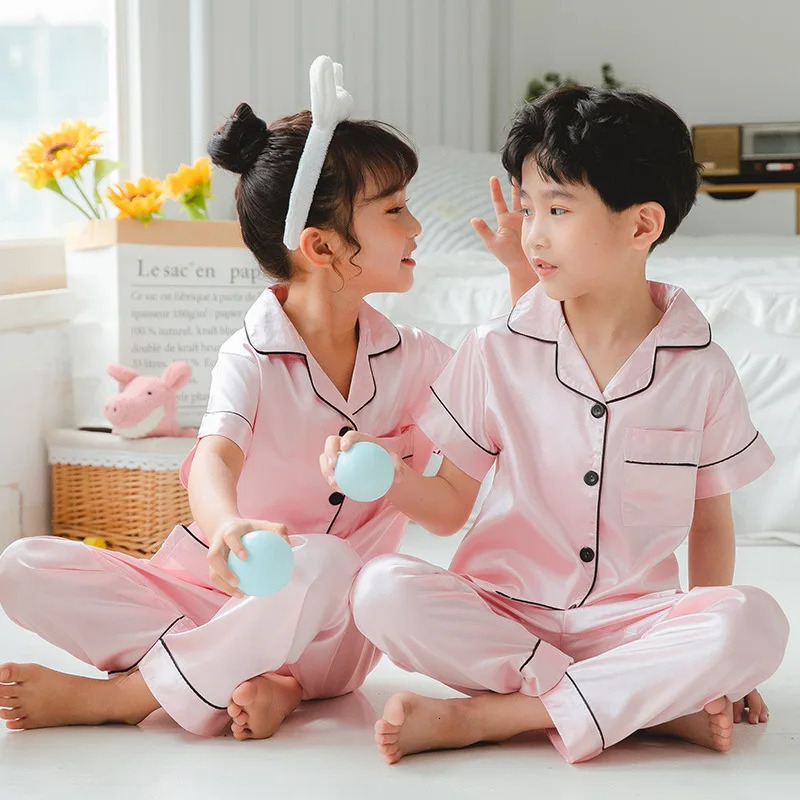 100 Satin Pajamas for 3 to 14 Years Kids Pyjamas Childrens Cotton Sleepwear Baby Homewear Night Suits Boys Silk Pajama Sets 250219