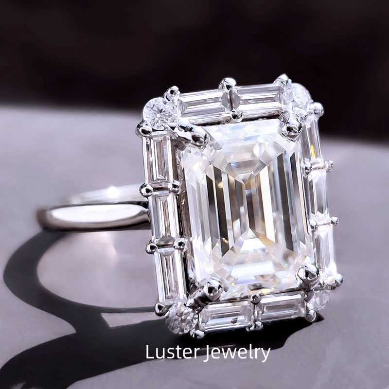 Luster Jewellery 10/14k D Color Emerald Cut Diamond Moissanite 18k Gold Real Gold Rings