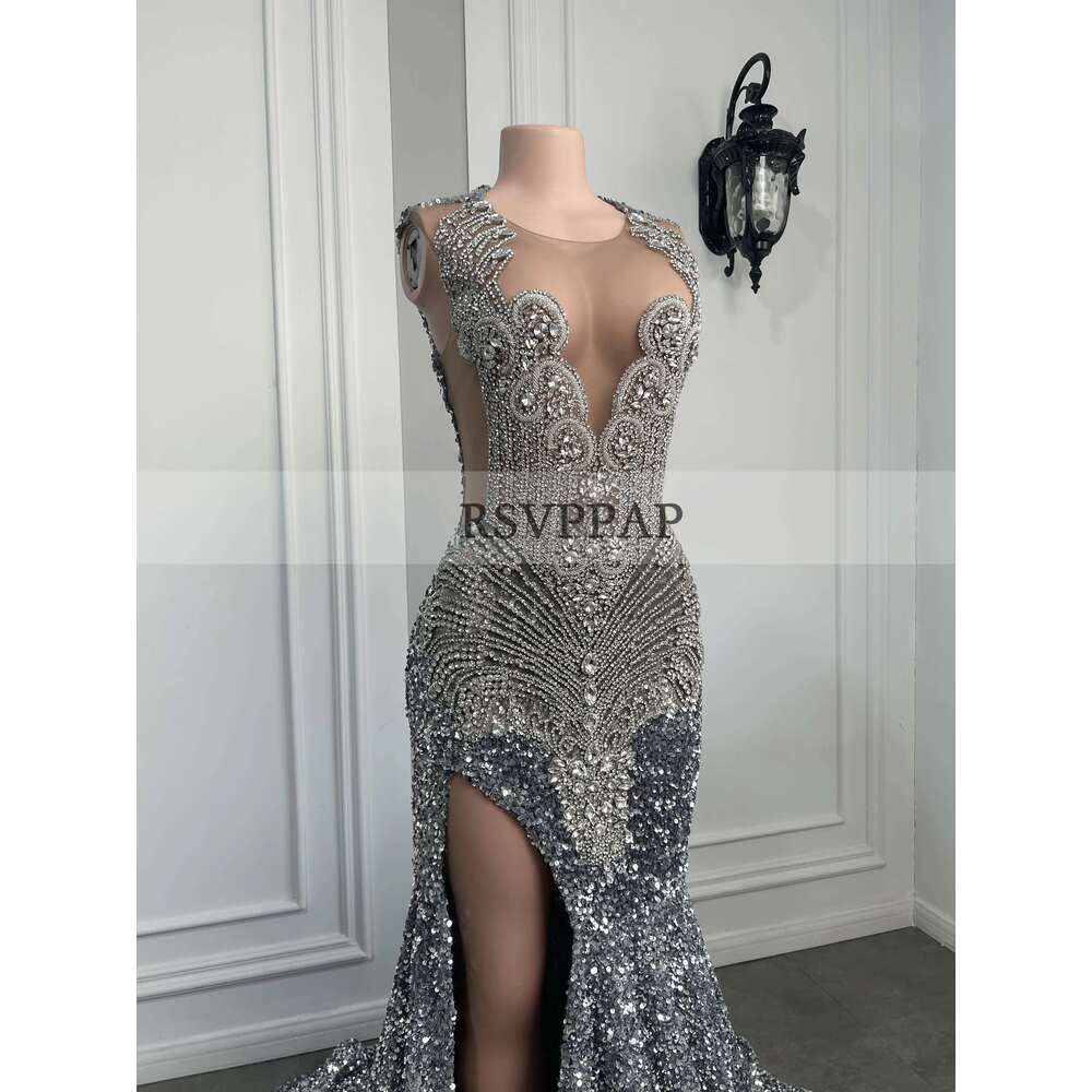 Sparkly Long Dresses Sexy High Slit Dia Sier Sequin Black Girls Mermaid Prom Dress