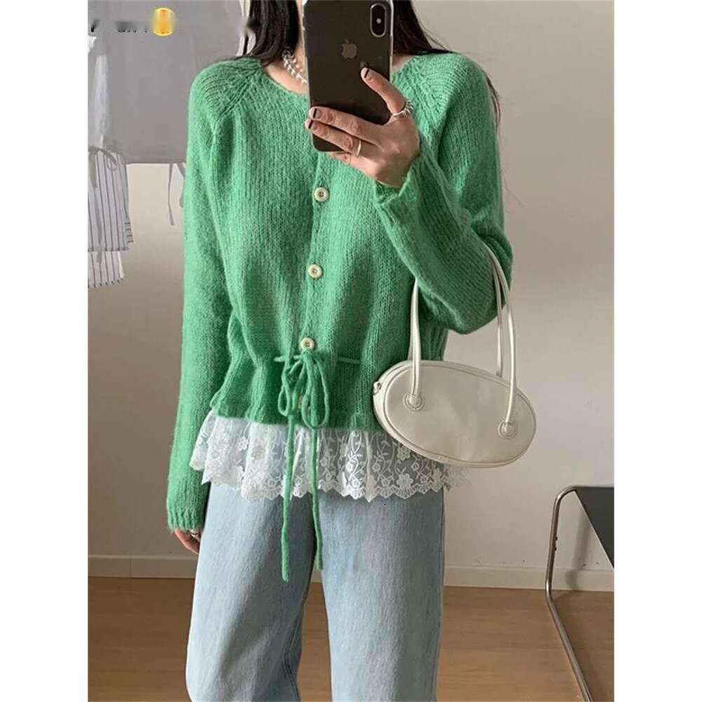 Age Reducing Lace Patchwork Cardigan Women 2025 Spring Knitted Sweater Yellow/Green/White/Gray/Blue