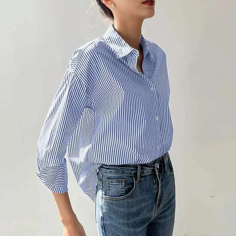 Women Spring Summer Blouses Shirts Lady Fashion Casual Long Sleeve Turn-Down Blue Stripes Blusas Tops