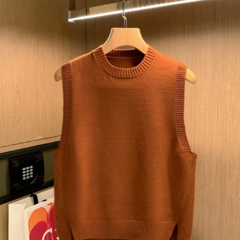 Mens Clothing Sleeveless Knit Sweater Male Crewneck Brown Solid Color Vest Waistcoat Plain Round Collar X Korean Autumn A 250219