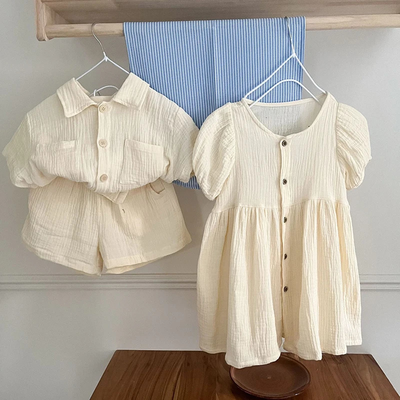 Childrens Summer Clothing Set Boys Short Sleeve Shirt Shorts 2pcs Casual Suit Girls Solid Color Dress Sister Brother Outfit 250219